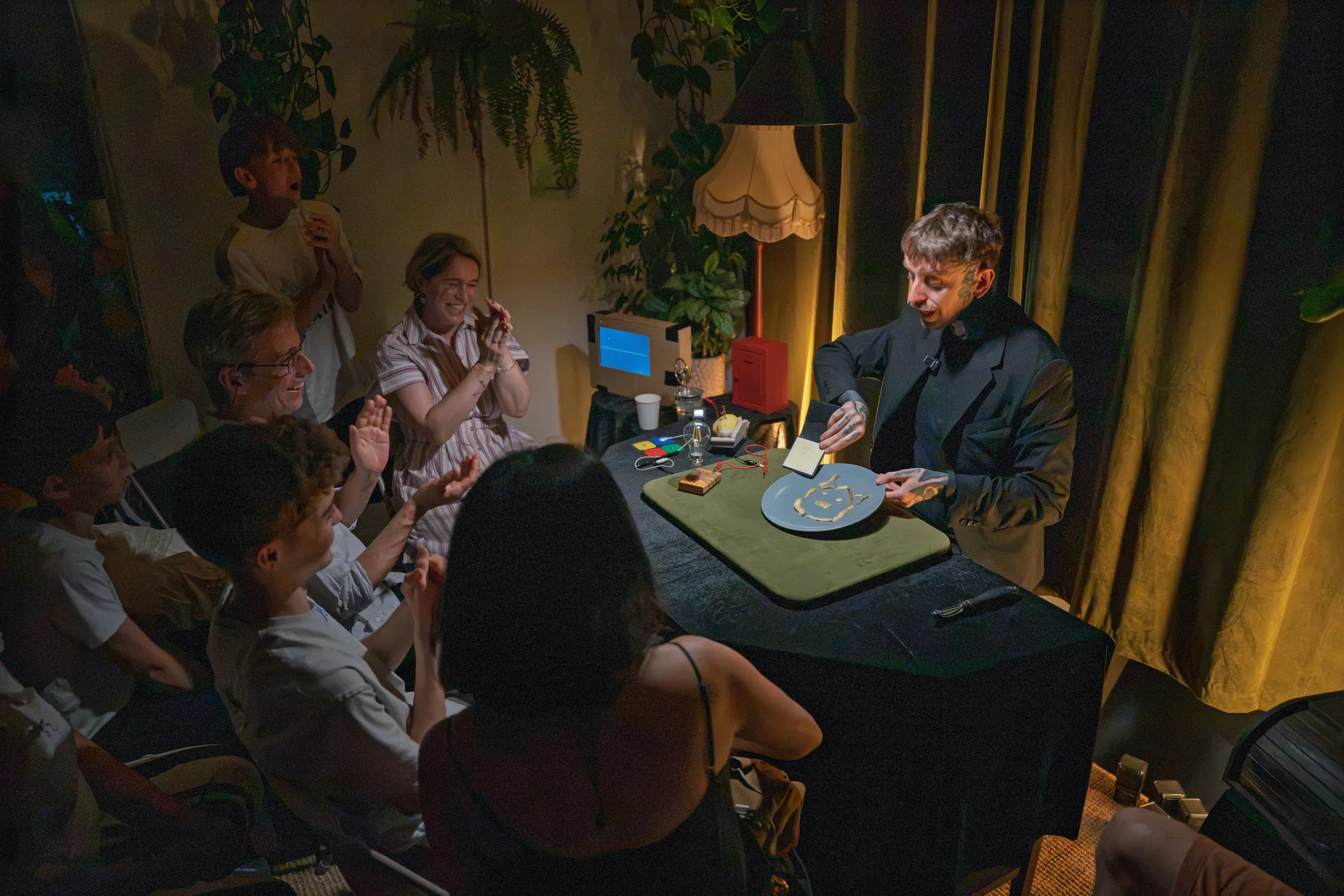 The table mid-show on 18 July, a guest on the red telephone
