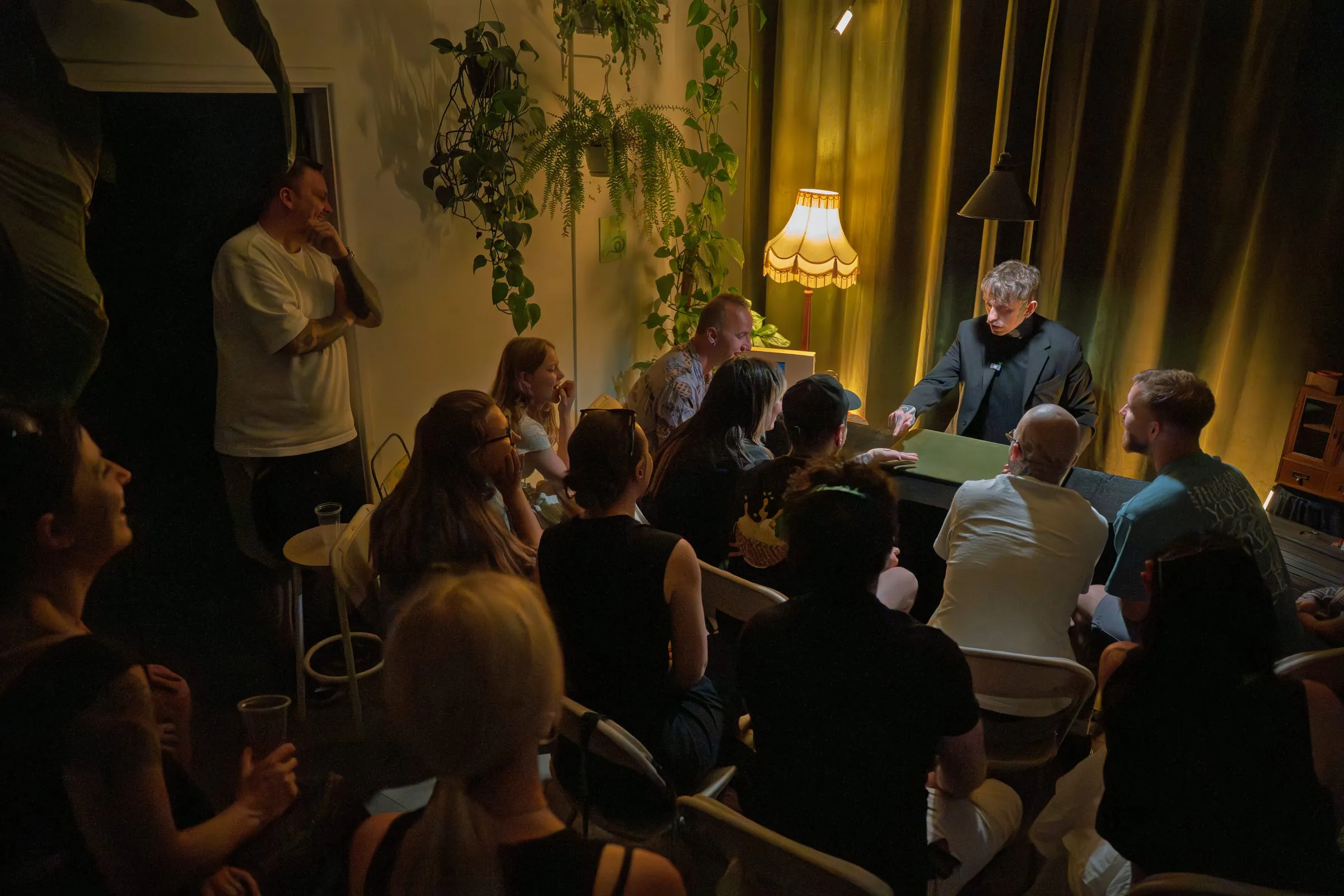 Guests gathered around the single table